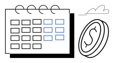 Bozuk para ve bulut simgesinin yanında altı çizili aylık takvim. Bütçe, zamanlama, mali planlama, zaman yönetimi, kaynak tahsisi, yatırım stratejisi, tahminler için ideal