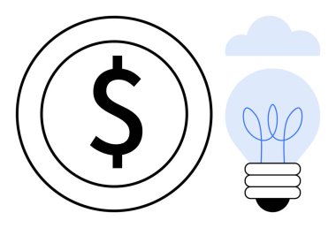 Bir bulut altında dolar işareti ve ampullü sikke yenilik, finans, yaratıcılık ve gelişimi ifade etmek için birleşir. İş, girişim, yatırım, enerji verimliliği ve tasarruf stratejisi için ideal
