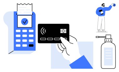 Ödeme için okuyucunun yanında el kartı, dezenfektan şişesi, küresi olan biri. Finans, hijyen, e-ticaret, küresel ticaret, güvenlik yeniliği teknolojisi için idealdir. Basit düz metafor