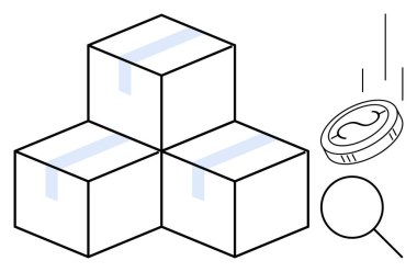 Üç mühürlü kutu, bir bozuk para ve bir büyüteç. E-ticaret, nakliye, tasarruf, yatırım, analiz maliyet takibi iş lojistiği için ideal. Basit bir düz metafor.
