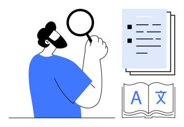 Büyüteçle belgeyi inceleyen adam, çeviri kitabını aç ve listeyi kontrol et. Araştırma, çeviri, düzeltme, analiz, dil öğrenme belgeleri araştırması için ideal. Basit.
