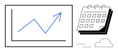 İlerlemeyi gösteren yukarı doğru ok, zamanlamayı temsil eden takvim ve asgari tasarım elemanlarını gösteren çizgi grafiği. Başarı, üretkenlik, planlama, hedef belirleme, zaman yönetimi, ilerleme için ideal
