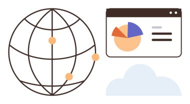 Noktaları birleştiren dünya, pasta grafiği gösteren tarayıcı penceresi ve bir bulut elementi. Küresel bağlantı, veri analizi, bulut hesaplaması, takım çalışması, bilgi paylaşımı, ağ oluşturma için ideal