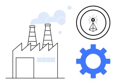 Duman yayan bacaları, büyük teçhizatı ve soyut göz üçgeni sembolü olan bir fabrika. Endüstri, üretim, otomasyon, yenilik, izleme teknolojisi optimizasyonu için idealdir. Basit düz
