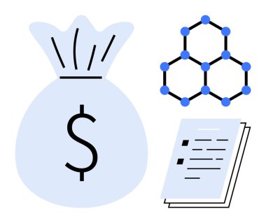 Finans için para çantası, bilim için moleküler yapı ve araştırma belgeleri finansman, yenilik ve planlama arasındaki sinerjiyi vurguluyor. Yatırım, araştırma, finansman ve yenilik için ideal