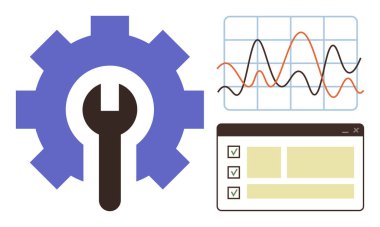 Vites ve ingiliz anahtarı teknik çalışmayı ifade ediyor, grafik veri analizini gösteriyor ve kontrol listesi de görev yönetimini temsil ediyor. Üretkenlik, analitik, iş akışı, planlama, mühendislik ve strateji işbirliği için ideal