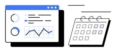 Basit bir takvimin yanında dairesel çizelgeler, çizgi grafikleri ve metin analitik arayüzü. Planlama, zamanlama, veri analizi, üretkenlik, zaman yönetimi, iş veya istatistik için ideal