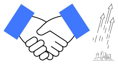 İki el, arka planda yukarı ve şehir manzarasını gösteren oklarla ortaklığı sembolize ediyor. İşbirliği, iş başarısı, takım çalışması, büyüme, güven, işbirliği, kalkınma için ideal