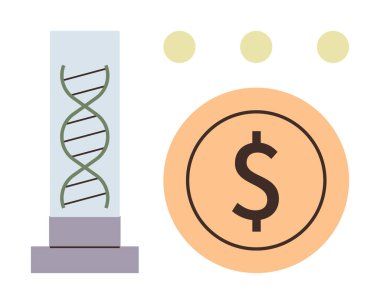 Bir dolar madeni para ve noktaların yanında duran silindirik cam bir kaptaki DNA ipliği bilimi, yeniliği ve parasal değeri simgeliyor. Biyoteknoloji, yatırım, araştırma, genetik için ideal