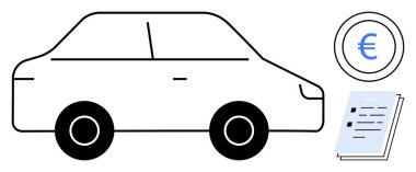 Sözleşmeleri ya da sigorta poliçelerini sembolize eden Avrupa tabelasını ve yığınla belgeyi temsil eden otomobil taslağı. Araba finansmanı, sigorta, kiralama, gider takibi, bütçe, satın alma için ideal