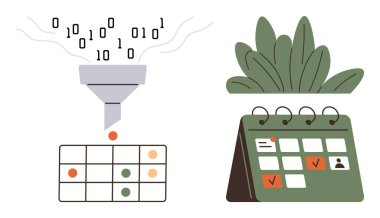 Huniden ızgaraya filtrelenen ikili veri ve kontrol işaretli bir görev takvimi. Üretkenlik, organizasyon, veri yönetimi, analiz, iş akışı, proje planlaması için ideal, basit düz metafor