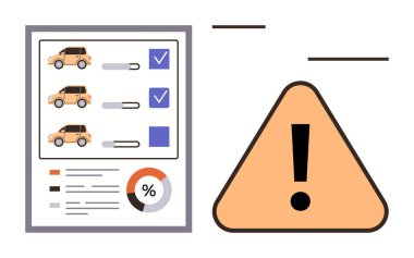 Seçim işaretleri, yüzde tablosu ve uyarı işareti olan araç denetim listesi. Güvenlik, bakım, teftişler, karar verme, risk değerlendirmesi otomotiv bakımı için idealdir. Basit düz