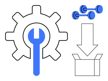 İngiliz anahtarı sembolize etme ayarlarıyla vites, spor için halterler, ambalaj için kutuya ok. Bakım, organizasyon, verimlilik, onarım, fitness araçları yenilik için idealdir. Basit düz metafor