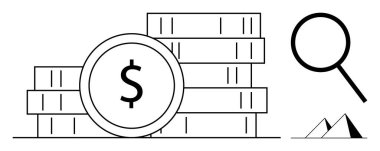 Dolar işaretli bozuk paralar, büyüteç ve küçük üçgen şekiller. Analiz, finans, yatırım, iş stratejisi, ekonomik büyüme bütçe denetimi için ideal. Basit düz