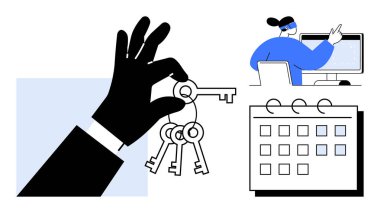 Erişim kontrolünü sembolize eden anahtarlar, teknoloji kullanımını temsil eden kişi ve görevleri planlamak için takvim. Takım çalışması, üretkenlik, yönetim, planlama ve güvenlik için ideal