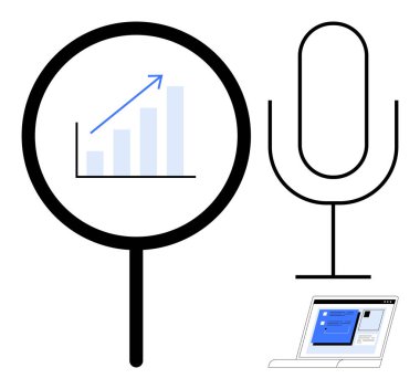Yükselen grafiğin üzerinde büyüteç, büyük mikrofon, arayüzlü laptop. Analiz, raporlama, içerik oluşturma, sunum, iletişim, teknoloji içgörüleri veri araştırması için ideal
