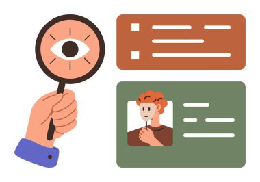 Profil verileri üzerinde büyüteç ve fotoğraflı kimlik kartı. Kimlik doğrulama, belge inceleme, askere alma, kişisel veri yönetimi, teftiş, analiz, basit düz metafor