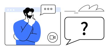 Video ekranında düşünen bir adam, noktalı konuşma baloncukları ve soru işareti. İletişim, beyin fırtınası, uzaktan çalışma, karar verme, problem çözme, danışmanlık için ideal