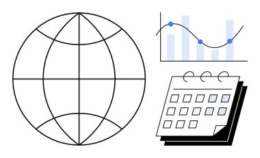 Küresel bağlantı için dünya, veri analizi için grafik ve planlama için takvim. İş, strateji, analitik, küresel çözümler, zaman yönetimi organizasyonu takım çalışması için ideal. Basit düz