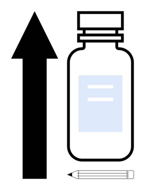 İlaç şişesi yukarı doğru ok ve kalemin yanı sıra büyüme, yenilik, sağlık ilerlemesi, eğitim, yaratıcılık, strateji ve gelecek planlamasını temsil eder. İlerleme, sağlık ve vizyon için ideal