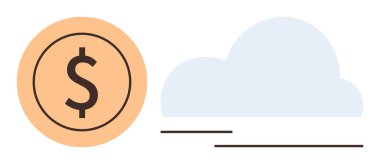 Bulutların yanında dolar işareti olan madeni para dijital finans, bulut depolama ve çevrimiçi işlemleri ön plana çıkarıyor. Fintech, e-ticaret, bankacılık, yenilik, bulut hesaplama, basit dijital ekonomi için ideal