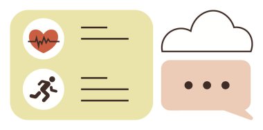 Kalp atışı ikonu, çalışan figür, bulut ve sohbet baloncukları sağlık takibi ve iletişimi ön plana çıkarıyor. Fitness, sağlık uygulamaları, tıbbi sistemler, kullanıcı verileri, teknoloji bulut depolama düzlüğü için ideal