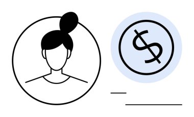 Çemberin içinde bir kadın silueti ve mavi dairenin içinde dolar işareti var. Finans, ekonomi, iş, gelir, kimlik, bankacılık ve işlemler için ideal. Basit düz metafor