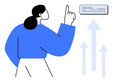 Yukarı bakan bir kadın, bir parmağıyla yukarı doğru giden bir mesaj kutusunu işaret ediyor. Yukarı bakan oklar, büyümeyi, başarıyı ve odaklanmayı simgeliyor. İş için ideal, hedefler, ilerleme, eğitim, strateji, motivasyon