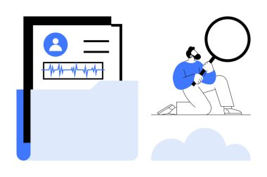 Büyüteçle diz çöküp dosya klasöründeki kullanıcı profili ve verileri inceleyen adam. Araştırma, analiz, soruşturma, askere alma, yönetim, veri depolama, bilgi için ideal