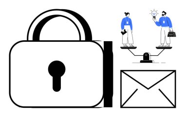 Asma kilit güvenliği vurgular, zarf iletişimi sembolize eder, ölçek yaratıcı ve pratik fikirleri dengeler. Veri gizliliği, işyeri eşitliği, yenilik, etik kararlar, bilişim için ideal