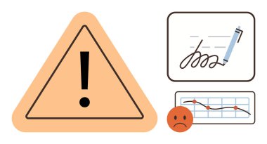 Uyarı üçgeni tehlikeyi vurgular, kalem ve imza satırı sözleşmeleri belirtir, üzgün surat grafiği ise azalan performansı temsil eder. Dikkat, dikkat, risk, uyarı, iş başarısızlığı için ideal