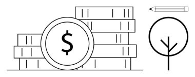 Finans, büyüme, sürdürülebilirlik, eğitim, yatırım, ekonomi ve ekolojik bilinci sembolize eden bir dolar, kalem ve ağaç desteleri. Basit düz metafor için ideal