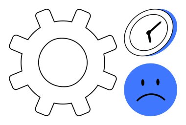 Saatin yanında bir vites ve üzgün bir yüz verimlilik, zaman verimliliği ve duygusal etki ile mücadele eder. İş stresi, tükenme, öncelikler, teslim tarihleri, verimlilik, duygular için ideal