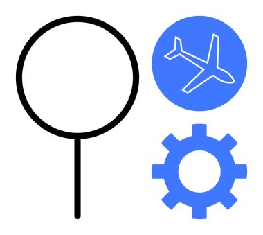 Büyüteç, uçak ve dişli vurgulama keşfi, seyahat planı, yenilik, problem çözme. Araştırma, turizm mühendisliği strateji keşif analizi için ideal. Basit düz metafor