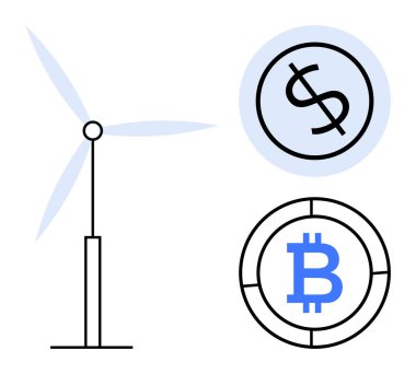 Rüzgar türbini, dolar işareti madeni para ve Bitcoin sembolü yeşil enerjiyi, sürdürülebilir ekonomiyi ve kripto para kavramlarını vurguluyor. Finans, sürdürülebilirlik, yatırım, teknoloji yenilenebilir enerji için ideal
