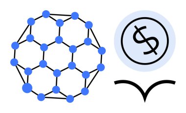 Birbirine bağlı mavi küresel ağ, çemberin içindeki bir dolar sikkenin ve eğri çizgilerin yanında, blok zinciri, ticaret ve finansal verileri temsil ediyor. Finans, teknoloji, yenilik için idealdir.
