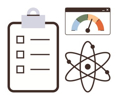 Pano kontrol listesi, performansı temsil eden gösterge ve atomik yapı kavramı. Basit bir dairede üretkenlik, analiz, bilim, değerlendirme, eğitim, yenilik verimlilik temaları için idealdir