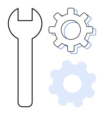 Basit anahtar ve iki iç içe geçmiş dişli ana hatları onarım, işbirliği ve makineyi sembolize eder. Konseptler için ideal mühendislik, takım çalışması, yenilik, süreç iyileştirme, ayarlar
