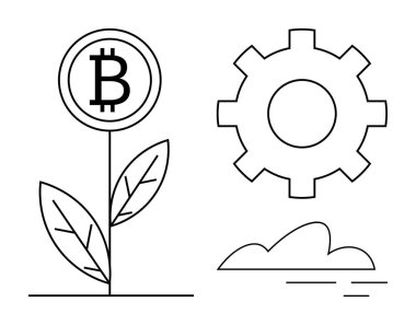 Bitcoin sembolü büyümeyi simgeliyor, teçhizat ilerlemeyi temsil ediyor, bulut dijital teknolojiyi simgeliyor. Finans, kripto para birimi, yenilik, büyüme, teknoloji, sürdürülebilirlik için ideal