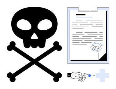 Kurukafa ve çapraz kemikler, dijital etkileşimle imzalanan yasal belge sahnesinin yanında. Dolandırıcılık, tehlike, siber güvenlik, dijital sözleşme, yasal riskler, uyarı, hata için ideal. Basit düz metafor