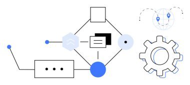 Bağlantı çizgileri, düğümler, lokasyon iğneleri ve işlem sembolleriyle donatılmış diyagram. Veri akışı, iş akışı yönetimi, ağ oluşturma, otomasyon, küresel işlem yazılım süreçleri için ideal