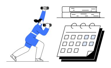 Kadın halter, öğrenmeyi sembolize eden bir yığın kitap, büyük takvim renklendirmesi. Fitness, zaman yönetimi, eğitim, sağlık hedefleri, kişisel büyüme, planlama motivasyonu için ideal