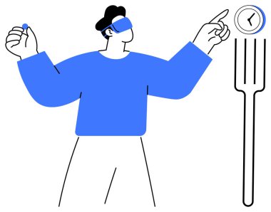 VR kulaklık takan adam bir çataldaki dijital saatle çarpışıyor ve küreyi tutuyor. Teknoloji, yenilik, gelecek, zaman yönetimi, yaratıcılık, artırılmış gerçeklik, sanal etkileşim için ideal. Basit.