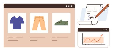 Bir e-ticaret arayüzünde giysi ürünleri, bir kalemle belge imzalama ve büyümeyi gösteren analitik ürünler. Çevrimiçi alışveriş, sözleşmeler, iş, analitik, e-ticaret için ideal