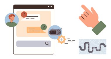 Yapay zeka robot çözümleme soruları, kullanıcı etkileşimi, vurgulanmış otomatik tepki, el hareketi, teknoloji donanımı ve bir yol simgesi ile sohbet penceresi. Yapay zeka, sohbet robotu ve iletişim teknisyeni için ideal.