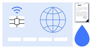 Küresel ağ için küresel sembol, akıllı teknoloji için çip, sergi yetkisi için imzalı belge, ve kaynak sürdürülebilirliği için su damlası. Yenilik, teknoloji ve çevre için ideal
