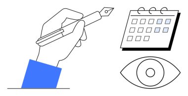 Dolma kalem, işaretli tarihli takvim ve göz simgesi. Üretkenlik, organizasyon, programlama, odaklanma, yaratıcılık planlama zaman yönetimi için idealdir. Basit düz metafor