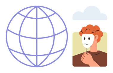 Maske tutan kişi, gizli kimliğin altını çiziyor. Küre küresel bağlantıyı gösteriyor. Anonimlik, kimlik, sosyal medya, çevrimiçi güvenlik, küresel etki, mahremiyet için ideal düz metafor