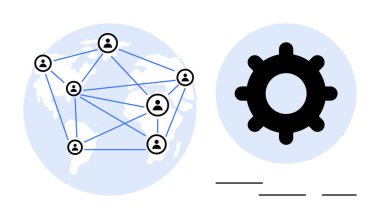 Bağlı kullanıcı simgelerine sahip harita küresel ağı temsil ediyor. Bitişik dişli taşıma işlemi optimizasyonu. Takım çalışması, işbirliği, teknoloji, yenilik ve verimlilik için ideal