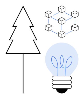 Doğrusal ağaç, küp ağ bağlantıları ve organik lifli ampul. Yenilik için ideal, sürdürülebilirlik, doğa, teknoloji, eko-tasarım yaratıcılık ağı. Basit düz metafor